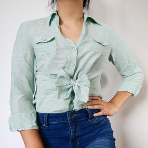 Nic + Zoe Mint Green Collared Button Up Tie Blouse